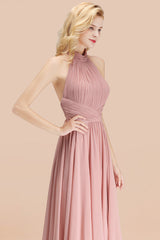 Gorgeous High-Neck Halter Backless Bridesmaid Dress Dusty Rose Chiffon Maid of Honor Dress-Babyonlines