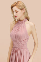 Gorgeous High-Neck Halter Backless Bridesmaid Dress Dusty Rose Chiffon Maid of Honor Dress-Babyonlines