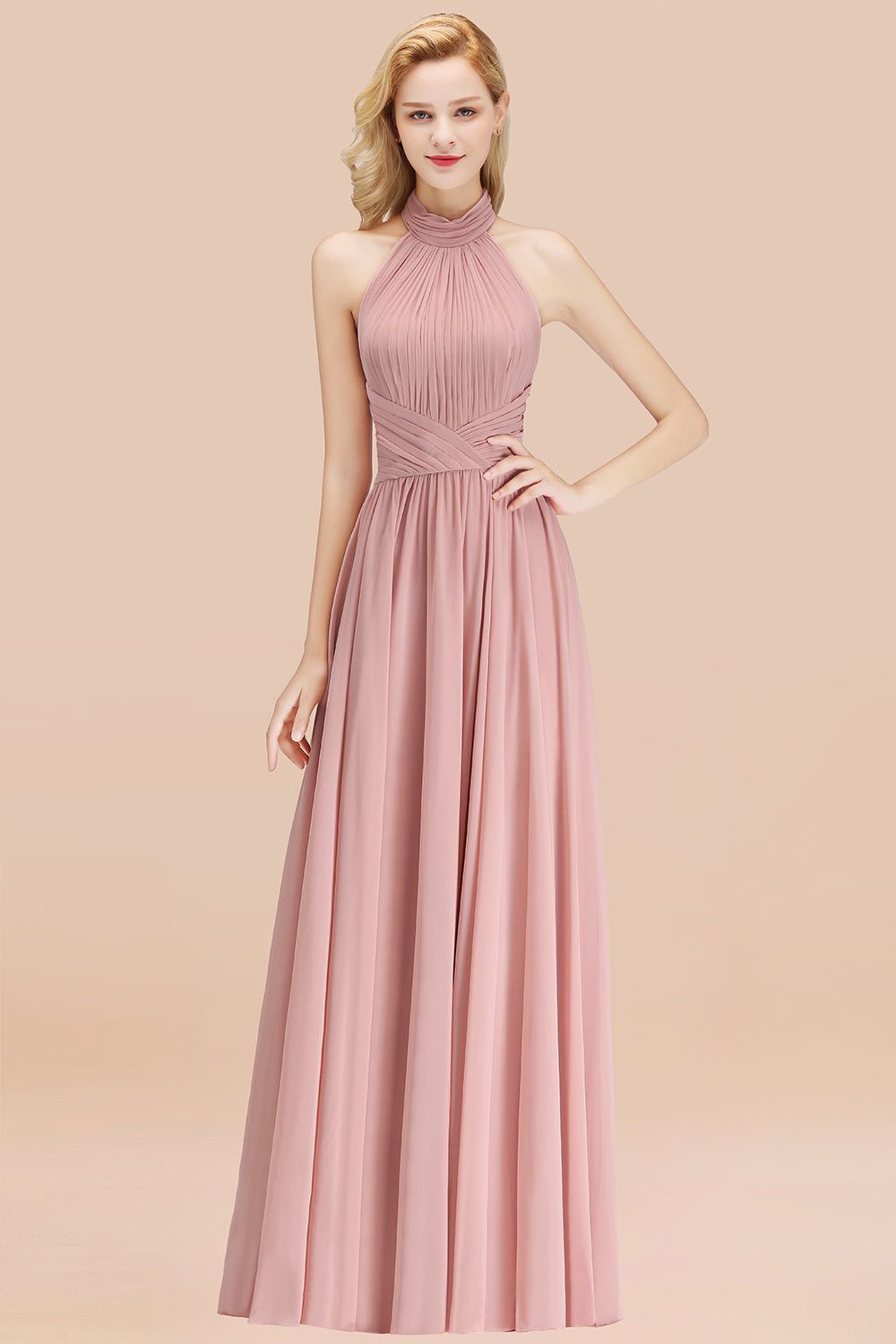Gorgeous High-Neck Halter Backless Bridesmaid Dress Dusty Rose Chiffon Maid of Honor Dress-Babyonlines