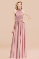 Gorgeous High-Neck Halter Backless Bridesmaid Dress Dusty Rose Chiffon Maid of Honor Dress-Babyonlines