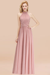 Gorgeous High-Neck Halter Backless Bridesmaid Dress Dusty Rose Chiffon Maid of Honor Dress-Babyonlines