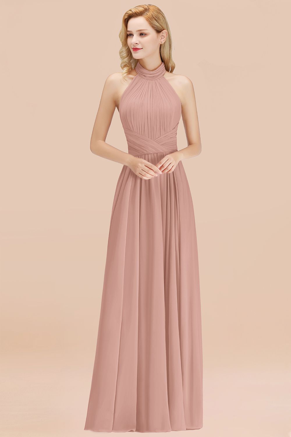 Gorgeous High-Neck Halter Backless Bridesmaid Dress Dusty Rose Chiffon Maid of Honor Dress-Babyonlines