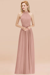 Gorgeous High-Neck Halter Backless Bridesmaid Dress Dusty Rose Chiffon Maid of Honor Dress-Babyonlines