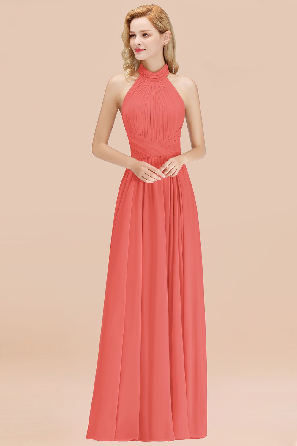 Gorgeous High-Neck Halter Backless Bridesmaid Dress Dusty Rose Chiffon Maid of Honor Dress-Babyonlines