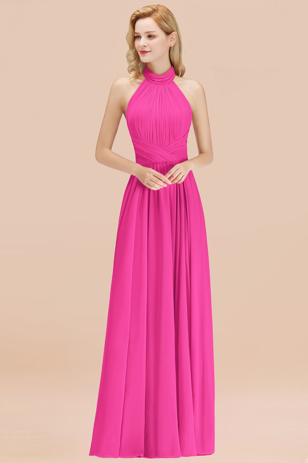 Gorgeous High-Neck Halter Backless Bridesmaid Dress Dusty Rose Chiffon Maid of Honor Dress-Babyonlines