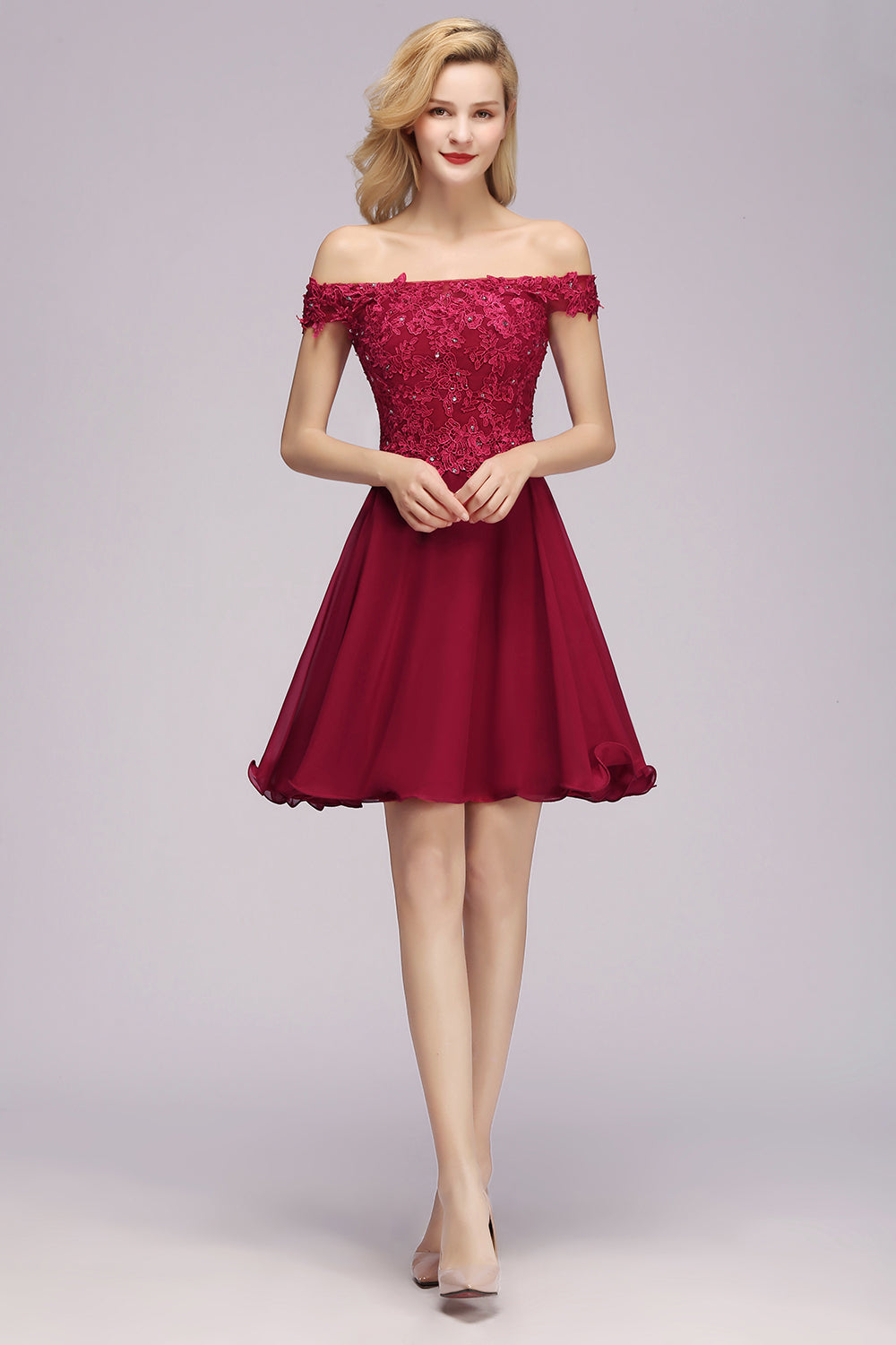 Gorgeous Lace Off-the-shoulder Short Burgundy Bridesmaid Dresses Online-Babyonlines