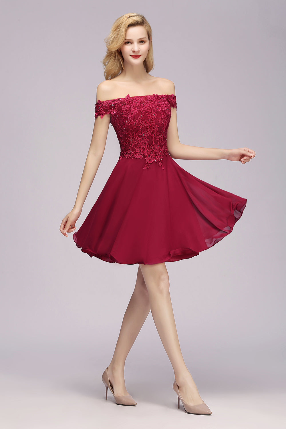 Gorgeous Lace Off-the-shoulder Short Burgundy Bridesmaid Dresses Online-Babyonlines