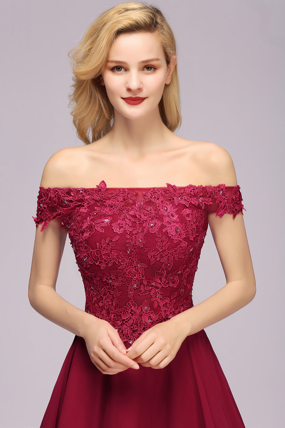 Gorgeous Lace Off-the-shoulder Short Burgundy Bridesmaid Dresses Online-Babyonlines