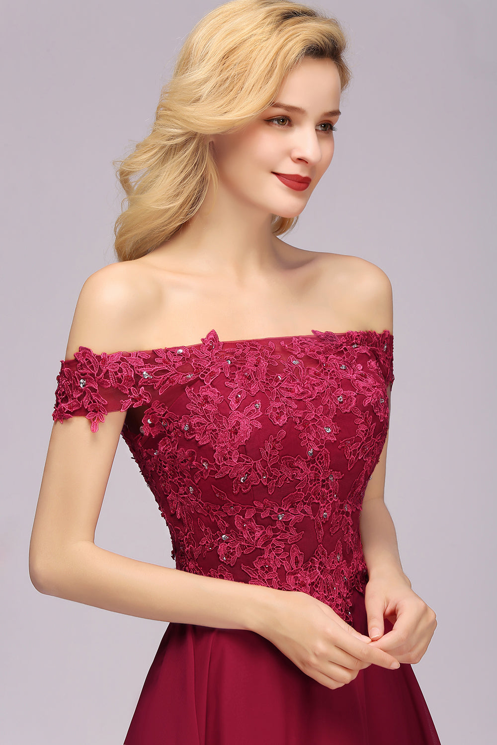 Gorgeous Lace Off-the-shoulder Short Burgundy Bridesmaid Dresses Online-Babyonlines