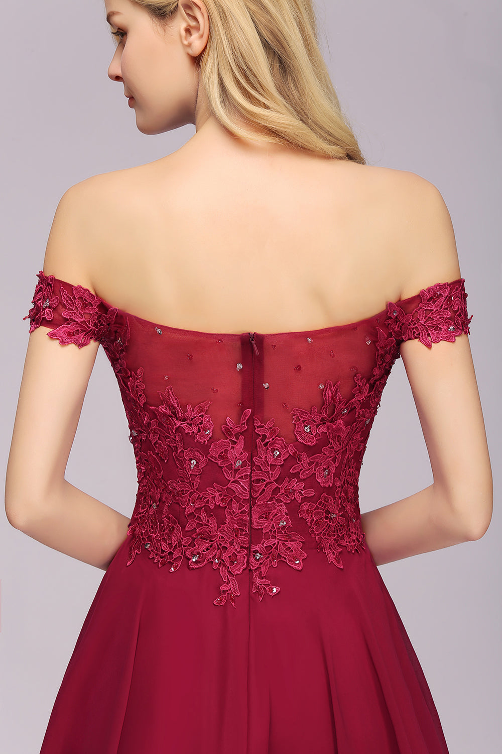 Gorgeous Lace Off-the-shoulder Short Burgundy Bridesmaid Dresses Online-Babyonlines