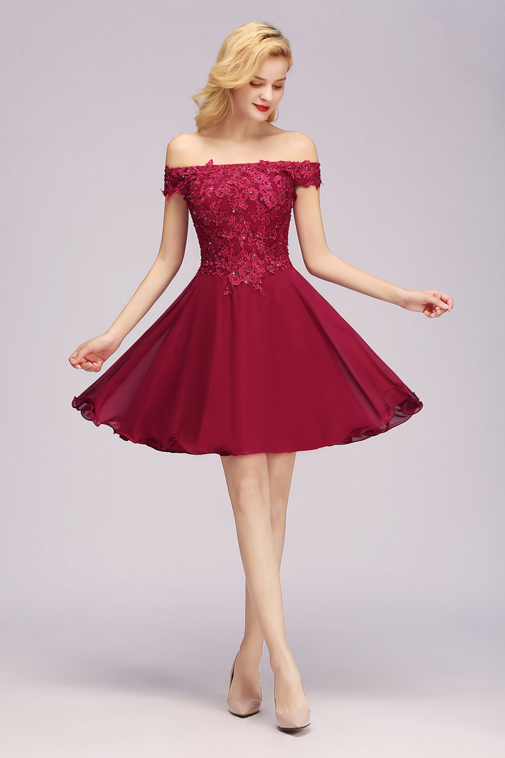 Gorgeous Lace Off-the-shoulder Short Burgundy Bridesmaid Dresses Online-Babyonlines