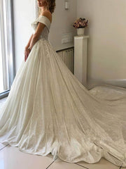 Gorgeous Off-the-shoulder Glitter Court Train Wedding Dress with Appliques Lace