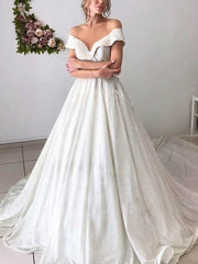 Gorgeous Off-the-shoulder Glitter Court Train Wedding Dress with Appliques Lace