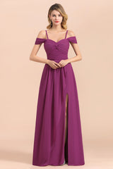 Gorgeous Off-the-Shoulder Ruffle Orchid Bridesmaid Dress Online with Slit-Babyonlines