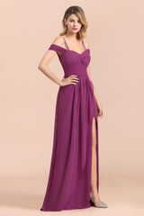 Gorgeous Off-the-Shoulder Ruffle Orchid Bridesmaid Dress Online with Slit-Babyonlines