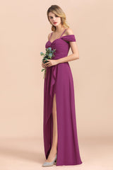 Gorgeous Off-the-Shoulder Ruffle Orchid Bridesmaid Dress Online with Slit-Babyonlines
