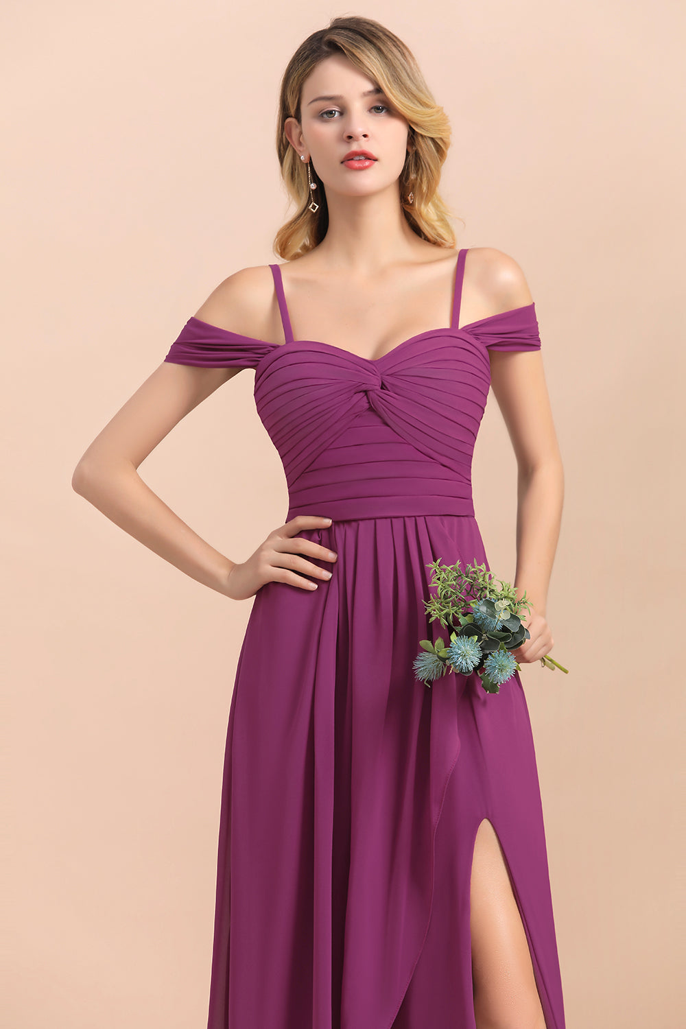 Gorgeous Off-the-Shoulder Ruffle Orchid Bridesmaid Dress Online with Slit-Babyonlines