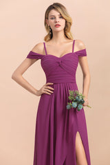 Gorgeous Off-the-Shoulder Ruffle Orchid Bridesmaid Dress Online with Slit-Babyonlines