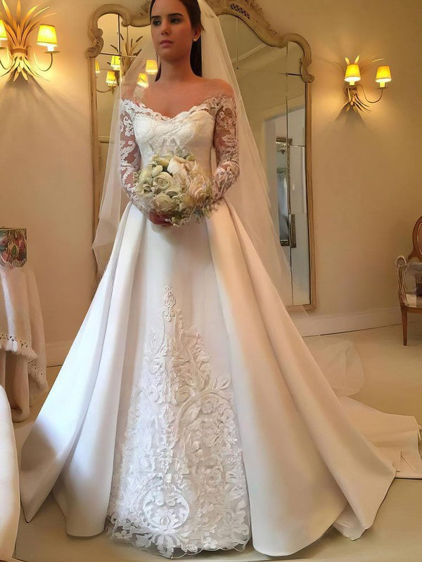 Gorgeous Off-the-shoulder Satin Ball Gown With Appliques Lace and Sweep Train Wedding Dress