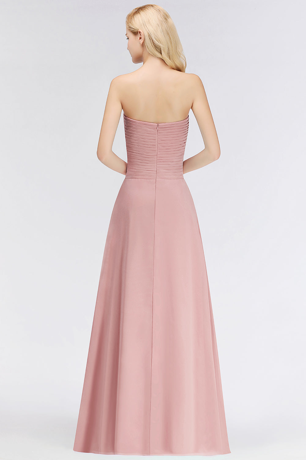 Gorgeous Sweetheart Ruched Long Bridesmaid Dress Dusty Rose Chiffon Strapless Maid of Honor Dress-Babyonlines