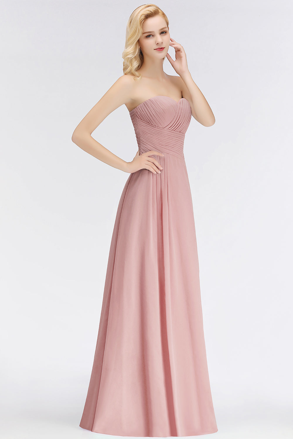 Gorgeous Sweetheart Ruched Long Bridesmaid Dress Dusty Rose Chiffon Strapless Maid of Honor Dress-Babyonlines