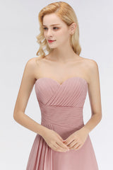 Gorgeous Sweetheart Ruched Long Bridesmaid Dress Dusty Rose Chiffon Strapless Maid of Honor Dress-Babyonlines