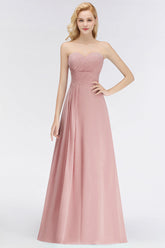 Gorgeous Sweetheart Ruched Long Bridesmaid Dress Dusty Rose Chiffon Strapless Maid of Honor Dress-Babyonlines