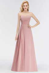 Gorgeous Sweetheart Ruched Long Bridesmaid Dress Dusty Rose Chiffon Strapless Maid of Honor Dress-Babyonlines