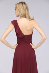 Gorgeous Sweetheart Ruffle Burgundy Chiffon Bridesmaid Dress With One-shoulder-Babyonlines