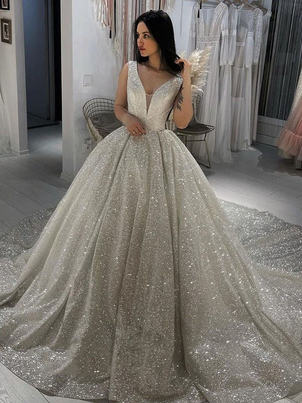 Gorgeous V-neck Ball Gown Glitter Chapel Train Wedding Dress