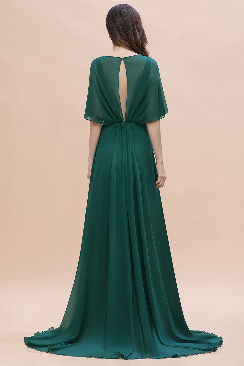 Gorgeous V-Neck Chiffon Ruffles Beading Bridesmaid Dress with Half Sleeves-Babyonlines