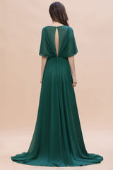 Gorgeous V-Neck Chiffon Ruffles Beading Bridesmaid Dress with Half Sleeves-Babyonlines