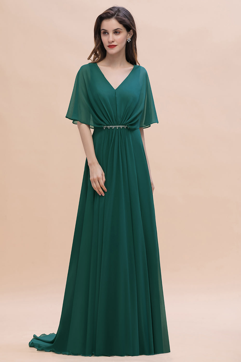 Gorgeous V-Neck Chiffon Ruffles Beading Bridesmaid Dress with Half Sleeves-Babyonlines