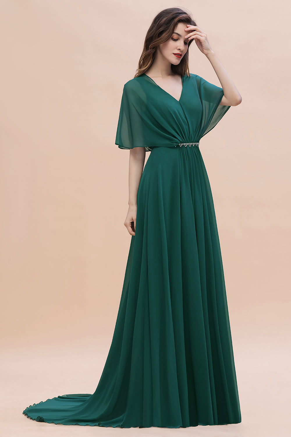 Gorgeous V-Neck Chiffon Ruffles Beading Bridesmaid Dress with Half Sleeves-Babyonlines