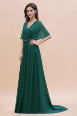 Gorgeous V-Neck Chiffon Ruffles Beading Bridesmaid Dress with Half Sleeves-Babyonlines