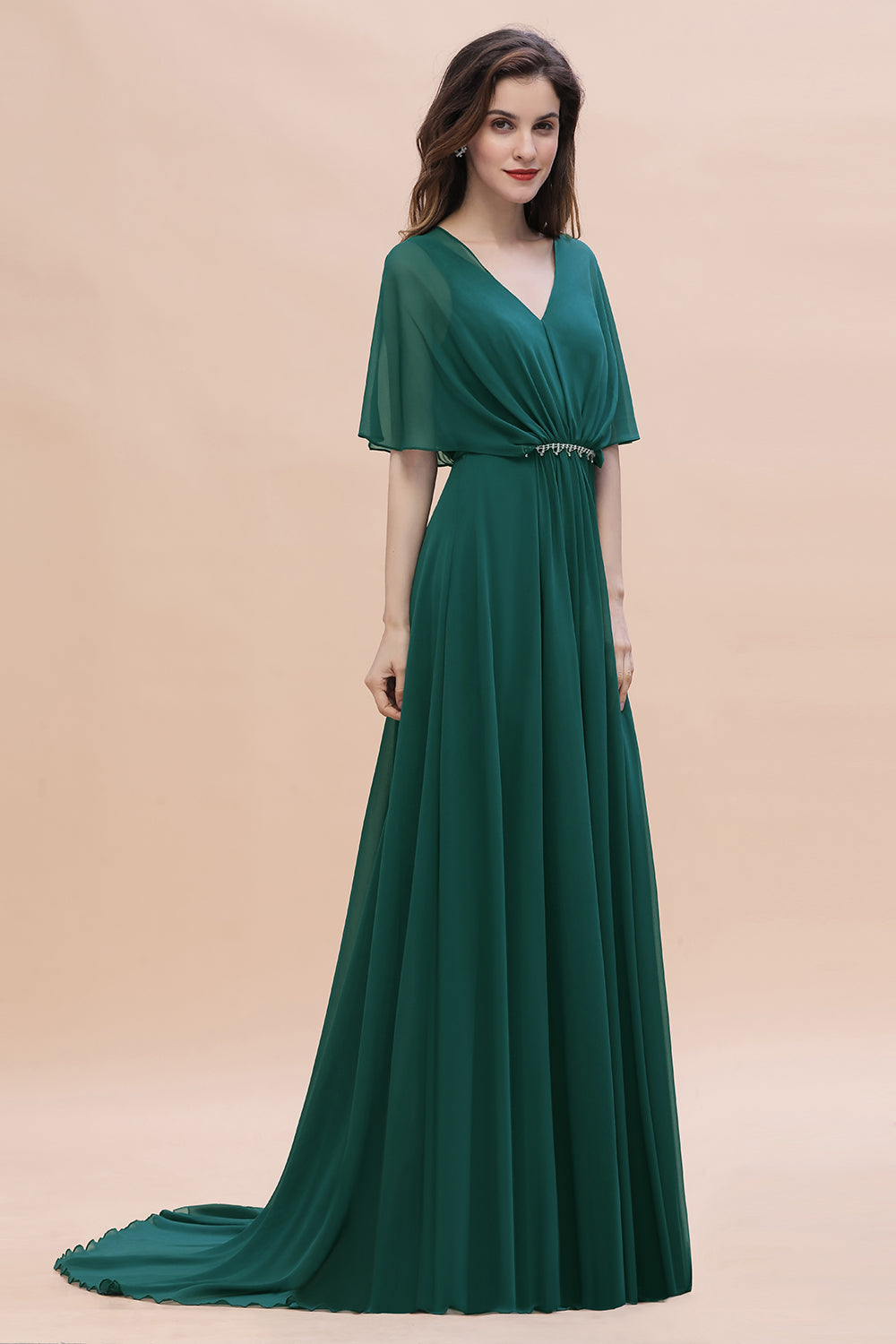 Gorgeous V-Neck Chiffon Ruffles Beading Bridesmaid Dress with Half Sleeves-Babyonlines