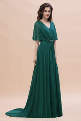 Gorgeous V-Neck Chiffon Ruffles Beading Bridesmaid Dress with Half Sleeves-Babyonlines