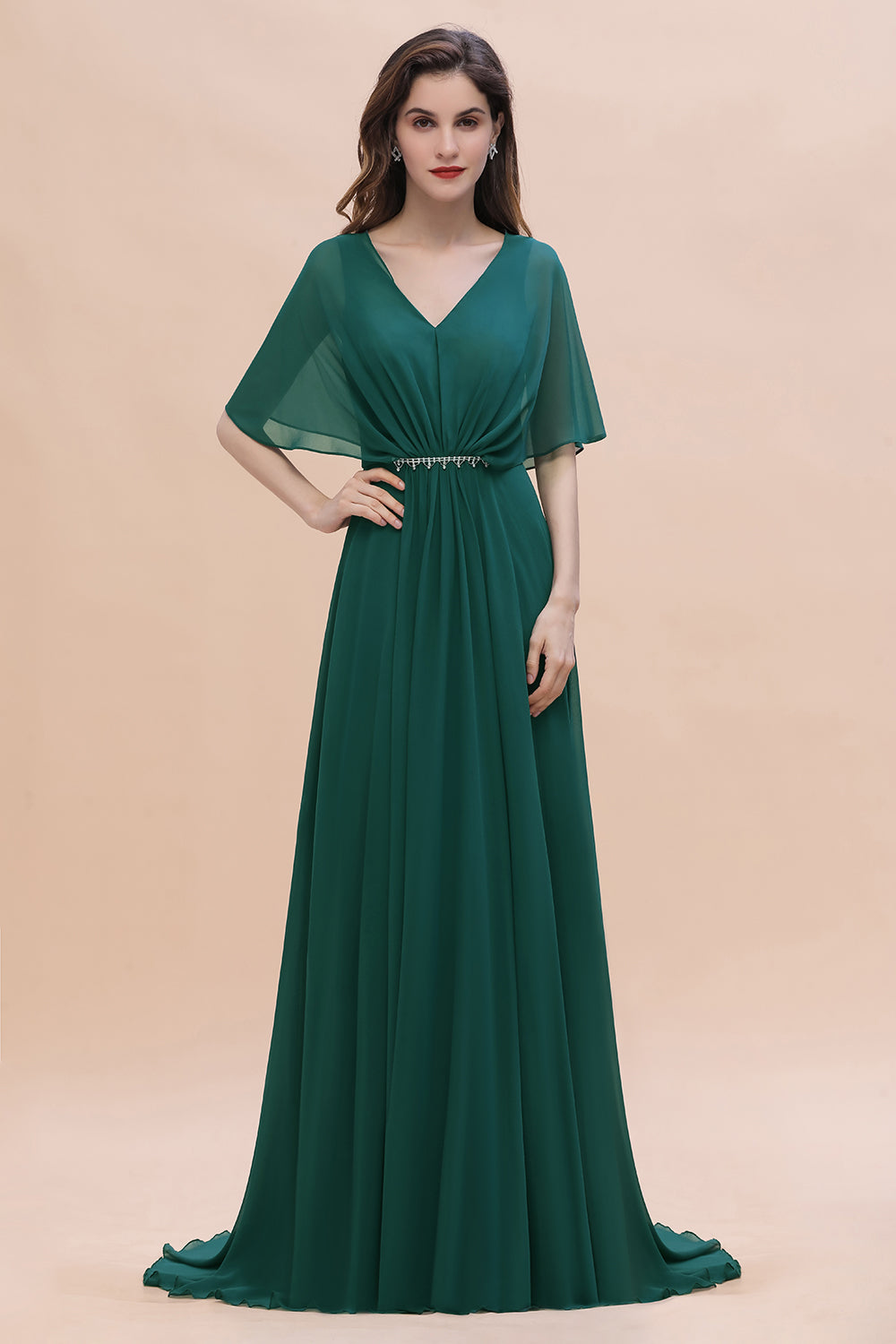 Gorgeous V-Neck Chiffon Ruffles Beading Bridesmaid Dress with Half Sleeves-Babyonlines