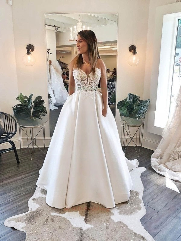 Gorgeous V-neck Satin Ball Gown Wedding Dress with Pockets
