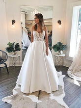 Gorgeous V-neck Satin Ball Gown Wedding Dress with Pockets