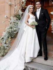 Gorgeous V-neck Satin Wedding Dress with Bow and Chapel Train