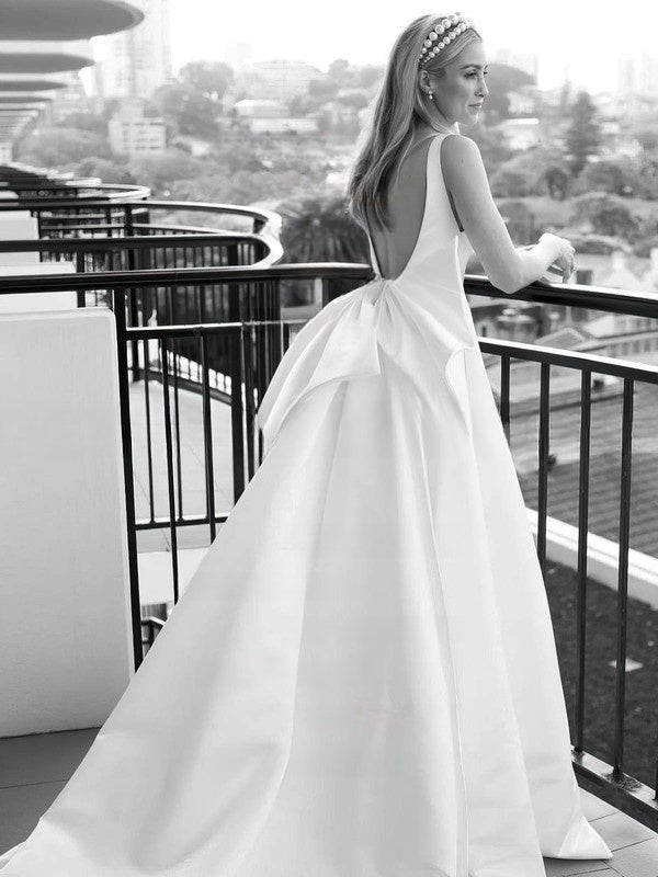 Gorgeous V-neck Satin Wedding Dress with Bow and Chapel Train