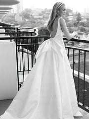 Gorgeous V-neck Satin Wedding Dress with Bow and Chapel Train