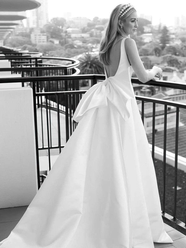 Gorgeous V-neck Satin Wedding Dress with Bow and Chapel Train