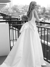 Gorgeous V-neck Satin Wedding Dress with Bow and Chapel Train