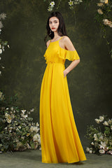 Halter Chiffon Bridesmaid Dress Long WIth Ruffle-Babyonlines