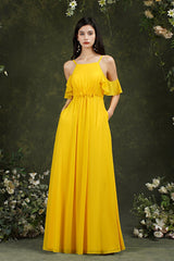 Halter Chiffon Bridesmaid Dress Long WIth Ruffle-Babyonlines
