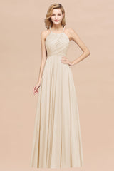 Halter Crisscross Pleated Bridesmaid Dress Blue Chiffon Sleeveless Maid of Honor Dress-Babyonlines