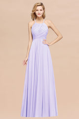 Halter Crisscross Pleated Bridesmaid Dress Blue Chiffon Sleeveless Maid of Honor Dress-Babyonlines