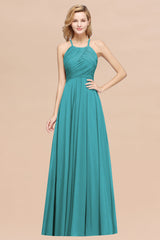 Halter Crisscross Pleated Bridesmaid Dress Blue Chiffon Sleeveless Maid of Honor Dress-Babyonlines